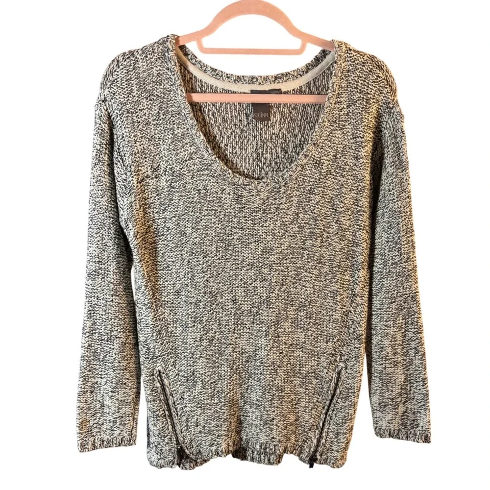 Quinn Womens Marled Knit Scoop Neck Zipper Accent Sweater Black‎ White Medium